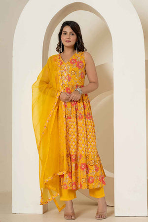 Yellow Floral Print Sequins Work Pure Cotton Kurti Pant Set