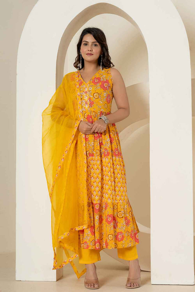 Yellow Floral Print Sequins Work Pure Cotton Kurti Pant Set