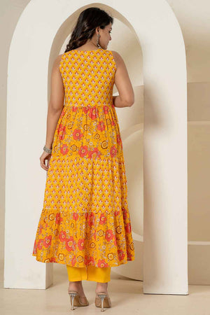 Yellow Floral Print Sequins Work Pure Cotton Kurti Pant Set