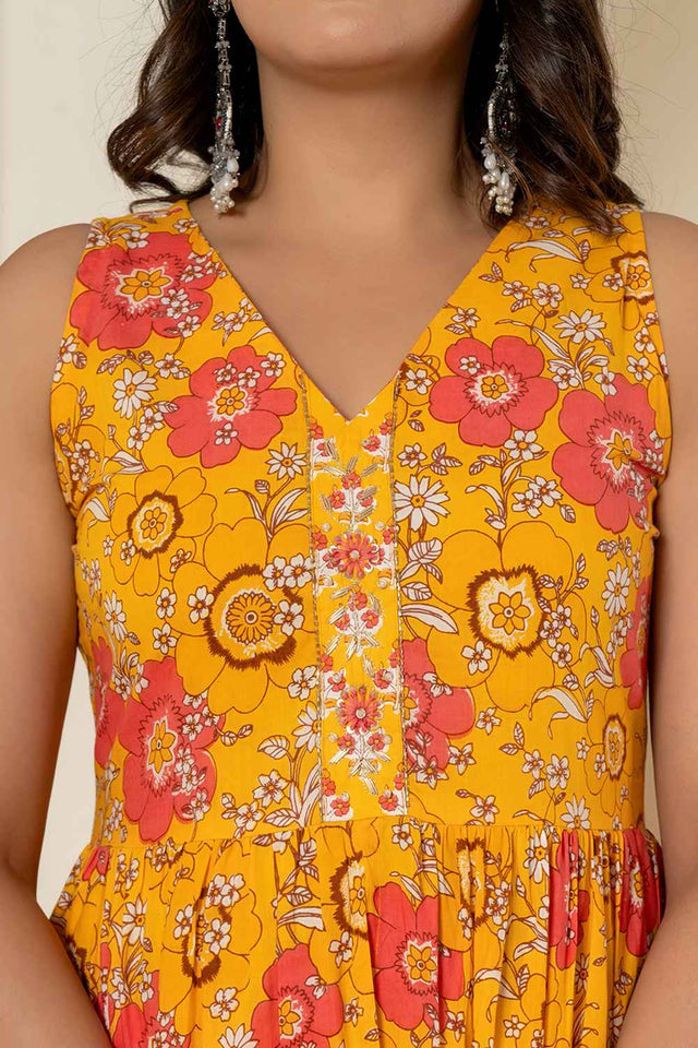 Yellow Floral Print Sequins Work Pure Cotton Kurti Pant Set