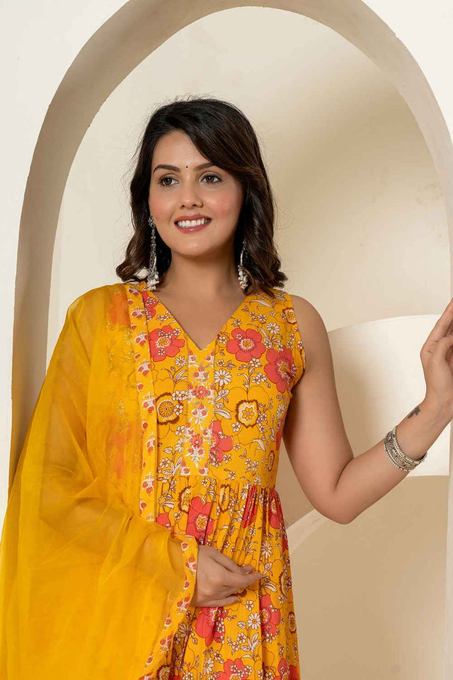 Yellow Floral Print Sequins Work Pure Cotton Kurti Pant Set