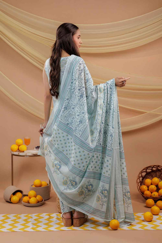 Blue Floral Print Pure Cotton Kurti Pant Set