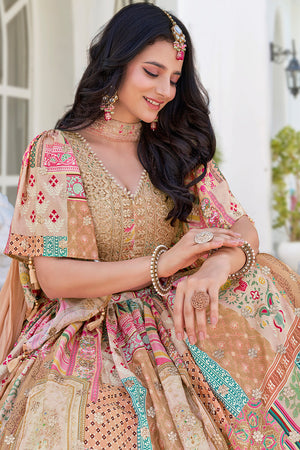 Beige Printed with Sequin Chinon Silk Lehenga