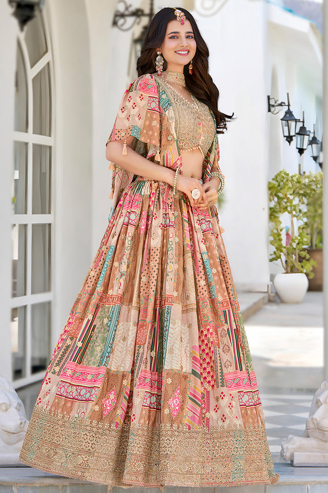 Beige Printed with Sequin Chinon Silk Lehenga