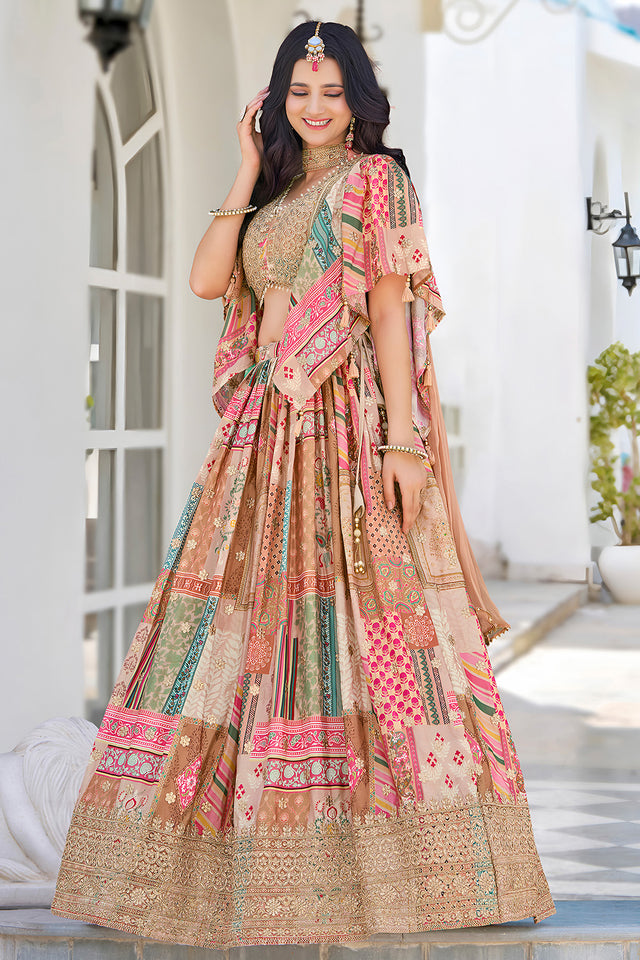 Beige Printed with Sequin Chinon Silk Lehenga