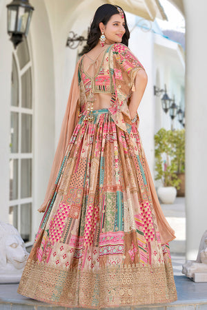 Beige Printed with Sequin Chinon Silk Lehenga