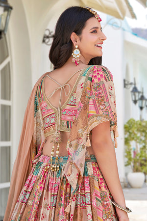 Beige Printed with Sequin Chinon Silk Lehenga
