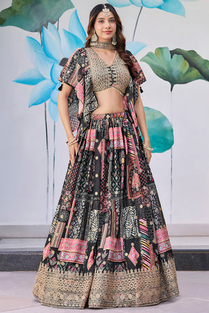 Black Printed with Sequin Chinon Silk Lehenga