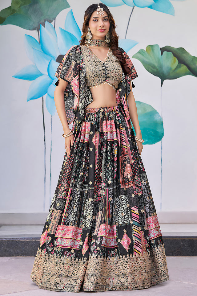 Black Printed with Sequin Chinon Silk Lehenga