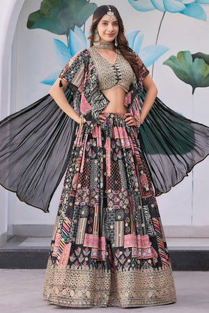 Black Printed with Sequin Chinon Silk Lehenga