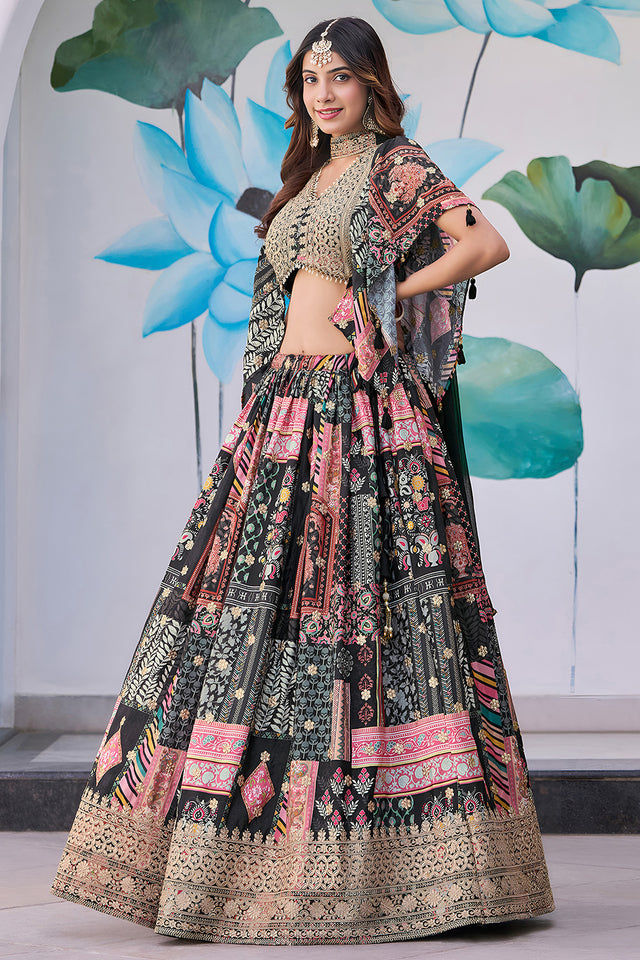 Black Printed with Sequin Chinon Silk Lehenga