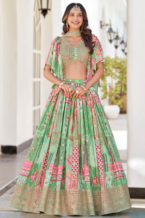 Green Printed with Sequin Chinon Silk Lehenga