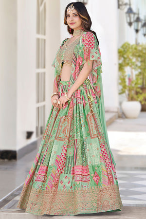Green Printed with Sequin Chinon Silk Lehenga