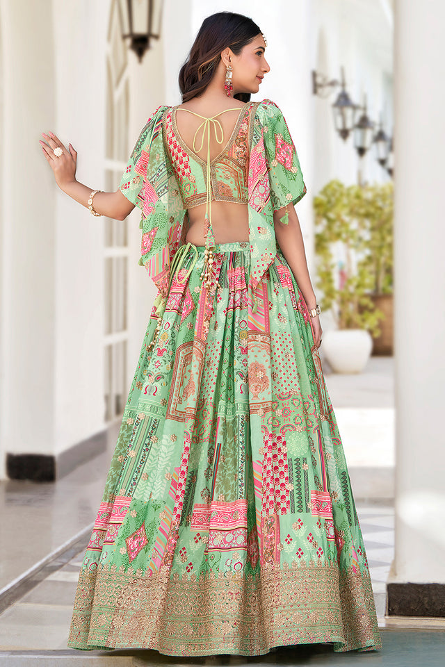 Green Printed with Sequin Chinon Silk Lehenga