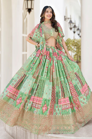 Green Printed with Sequin Chinon Silk Lehenga