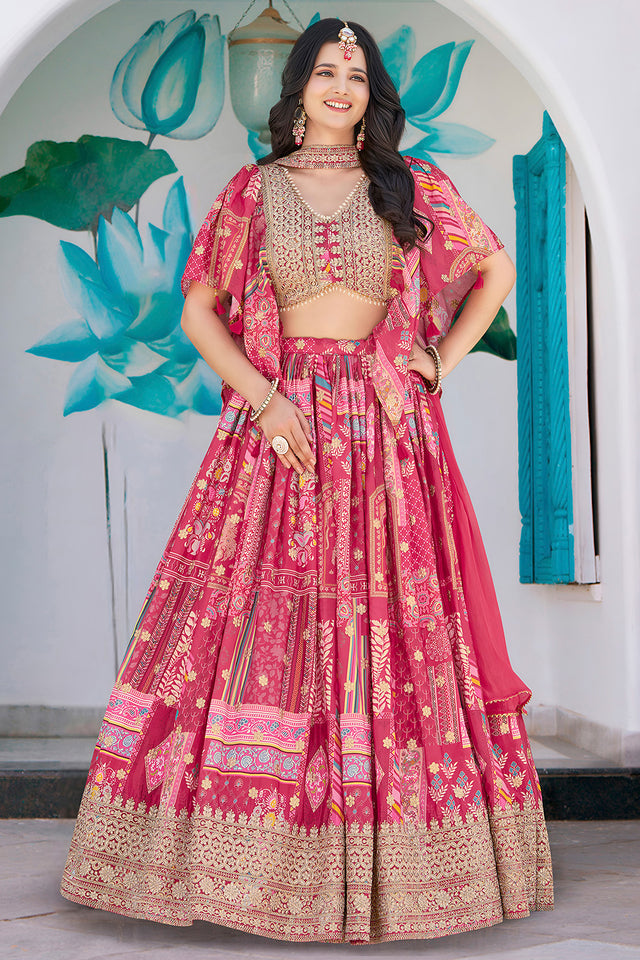 Pink Printed with Sequin Chinon Silk Lehenga