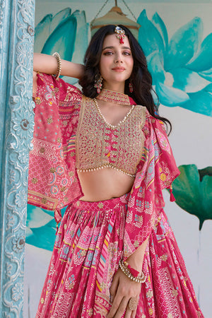 Pink Printed with Sequin Chinon Silk Lehenga