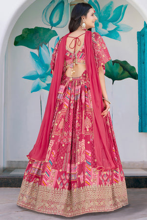 Pink Printed with Sequin Chinon Silk Lehenga