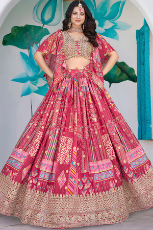 Pink Printed with Sequin Chinon Silk Lehenga