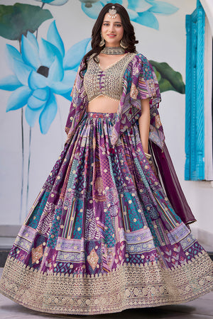 Violet Printed with Sequin Chinon Silk Lehenga