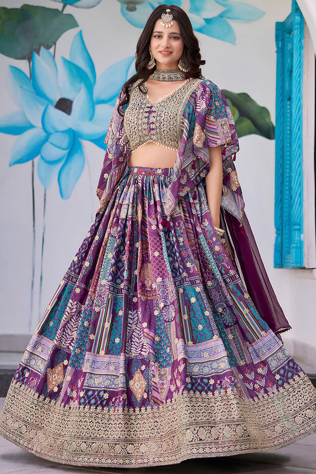 Violet Printed with Sequin Chinon Silk Lehenga