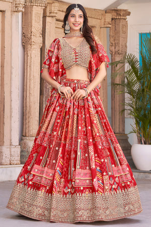 Red Printed with Sequin Chinon Silk Lehenga