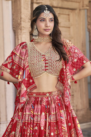 Red Printed with Sequin Chinon Silk Lehenga