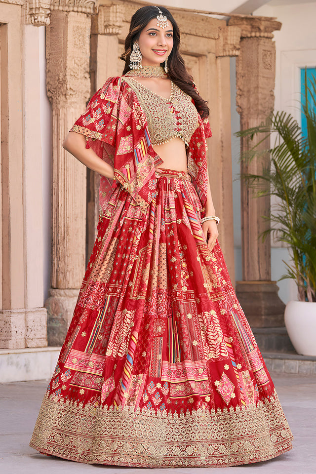 Red Printed with Sequin Chinon Silk Lehenga