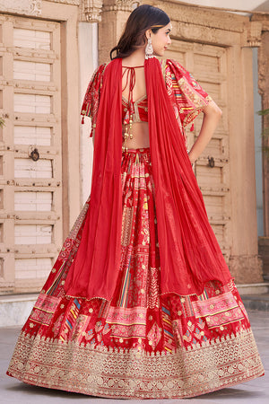 Red Printed with Sequin Chinon Silk Lehenga