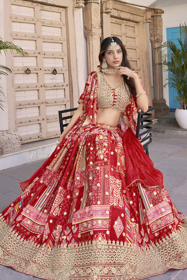 Red Printed with Sequin Chinon Silk Lehenga