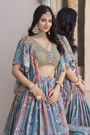 Light Blue Printed with Sequin Lehenga