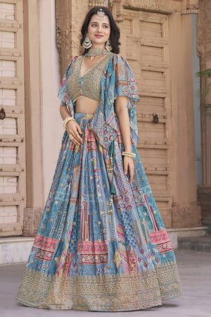 Light Blue Printed with Sequin Lehenga