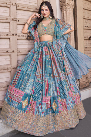 Light Blue Printed with Sequin Lehenga