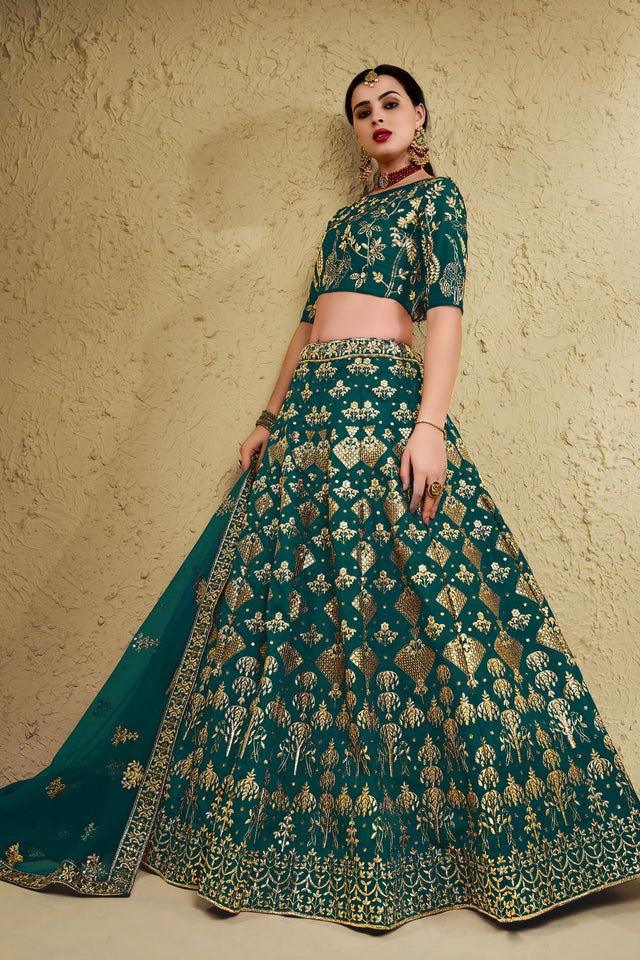 Green Sequin with Embroidered Art Silk Lehenga (7055-GREEN)
