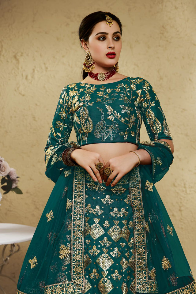 Green Sequin with Embroidered Art Silk Lehenga (7055-GREEN)