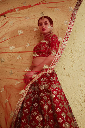 Red Sequin with Embroidered Art Silk Lehenga (7055-RED)