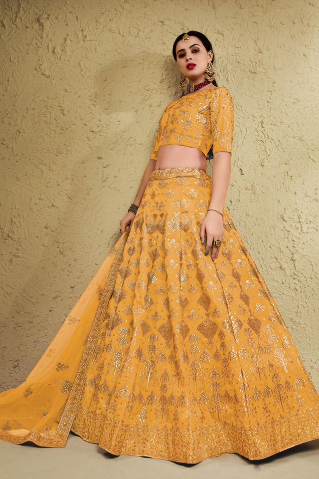 Yellow Sequin with Embroidered Art Silk Lehenga (7055-YELLOW)