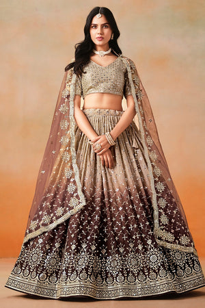 Brown Floral Sequin Georgette Lehenga