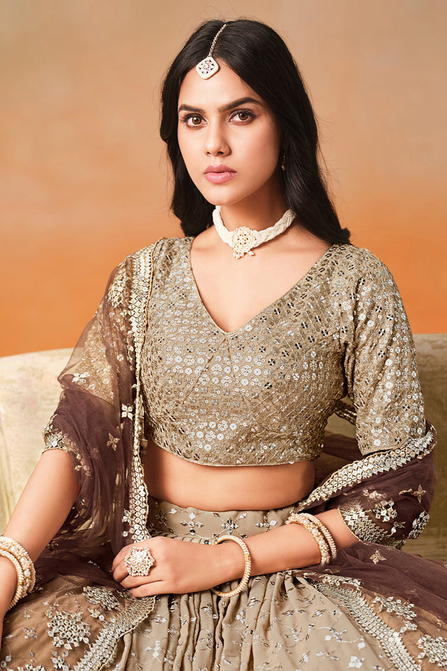 Brown Floral Sequin Georgette Lehenga
