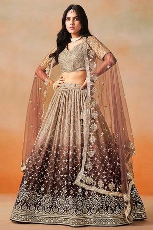 Brown Floral Sequin Georgette Lehenga