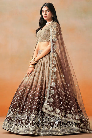 Brown Floral Sequin Georgette Lehenga
