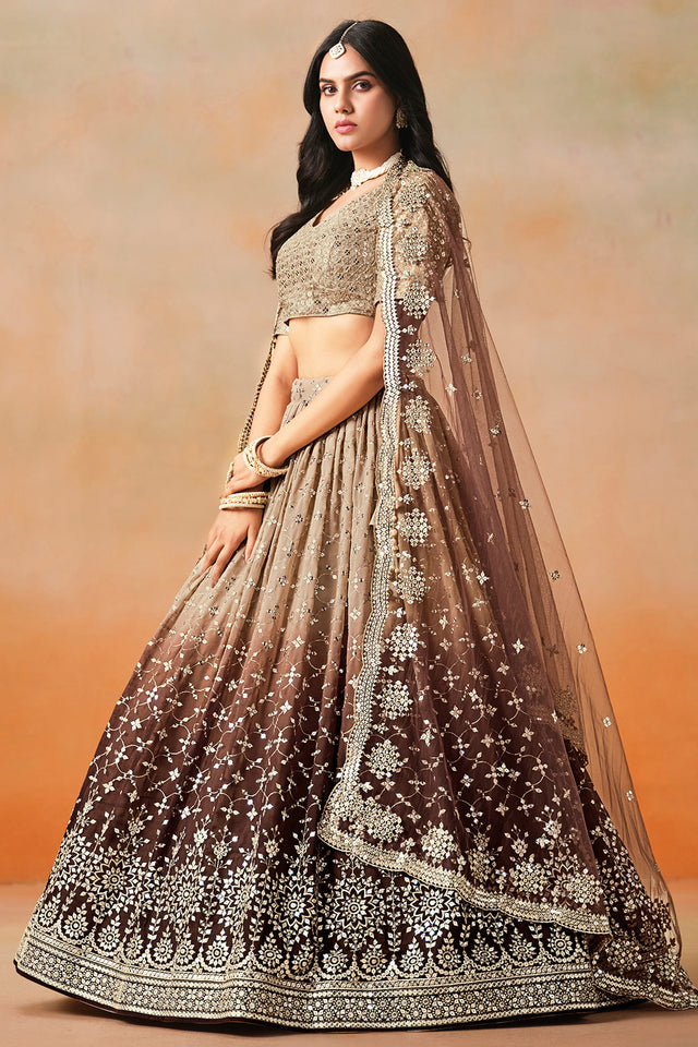 Brown Floral Sequin Georgette Lehenga