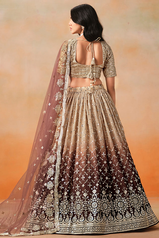 Brown Floral Sequin Georgette Lehenga