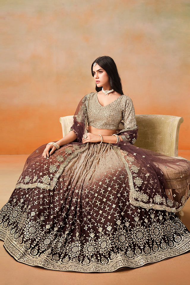 Brown Floral Sequin Georgette Lehenga