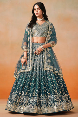 Green Floral Sequin Georgette Lehenga