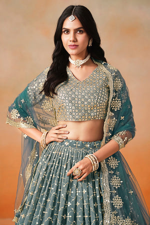 Green Floral Sequin Georgette Lehenga