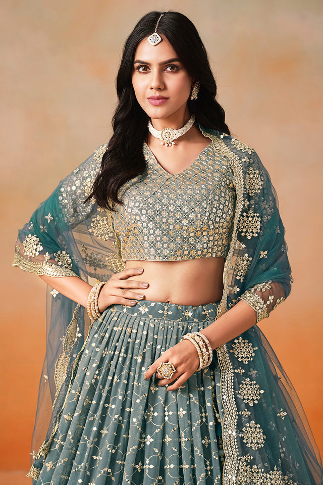 Green Floral Sequin Georgette Lehenga