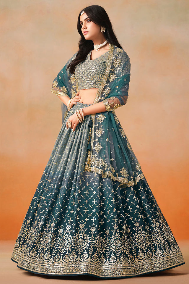Green Floral Sequin Georgette Lehenga