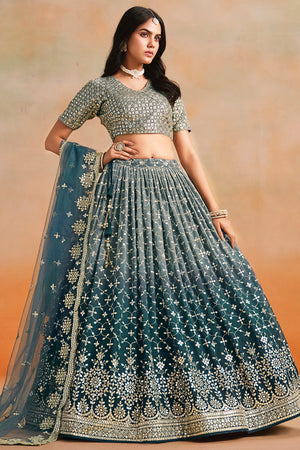 Green Floral Sequin Georgette Lehenga