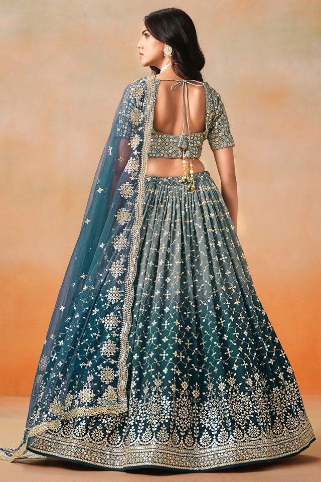 Green Floral Sequin Georgette Lehenga
